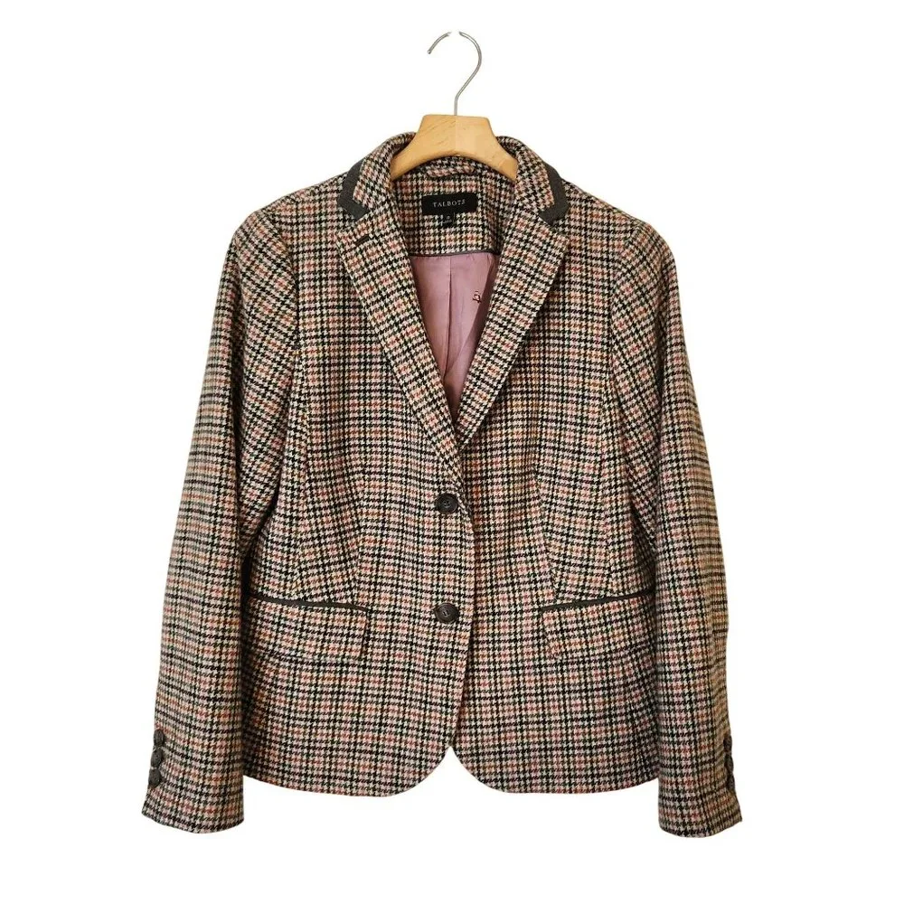 Talbots Houndstooth Check Wool Blazer Owl Print Fall Winter Office Classic 12 - Picture 1 of 11